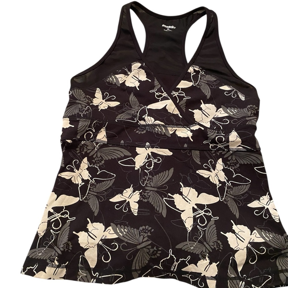 Marika Black and White Butterfly Print Crossover Active  Top Size XL NWOT